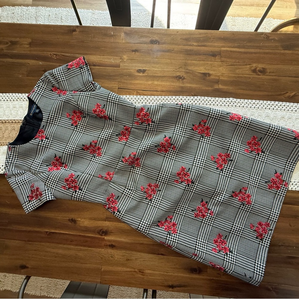 Brooks Brothers Black & White Houndstooth Midi Dress with Red Floral Accents